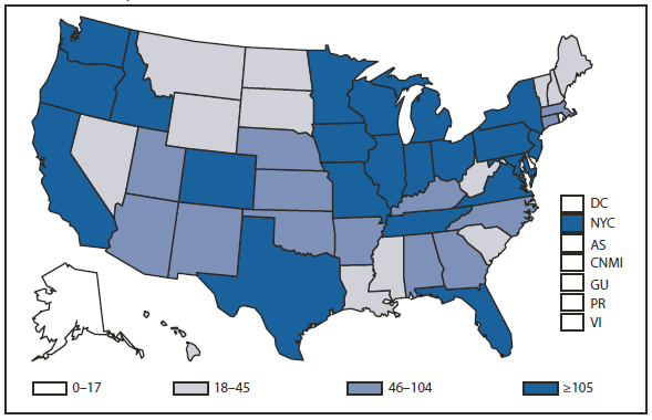 E. coli - This figure is a map of the United States and U.S. territories that presents the number of Shiga-toxin producing Escherichia coli cases in each state and territory in 2010.